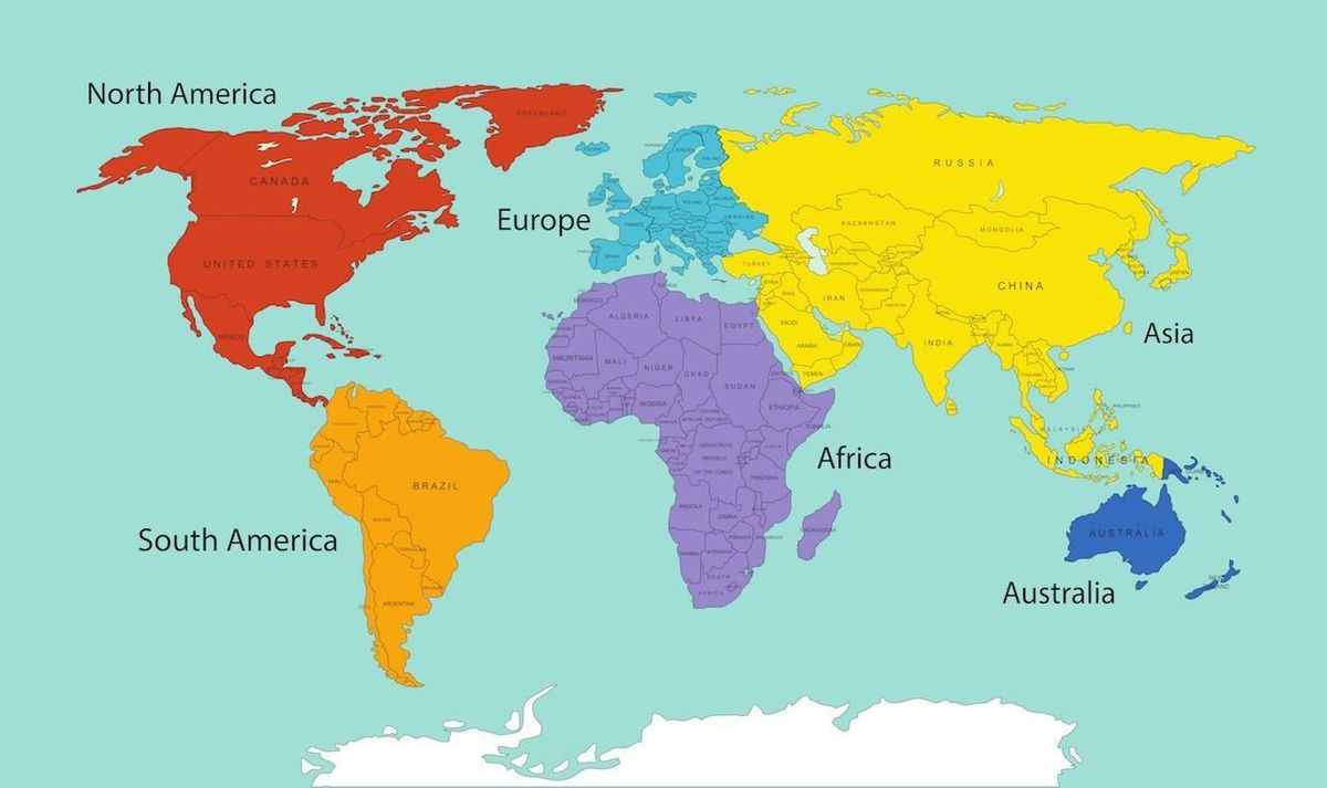 Világtérkép. A pirossal és narancssárgával jelölt részeket a Monroe-elv amerikai fennhatóságnak tekinti, így Grönlandot is. Fotó: Shutterstock