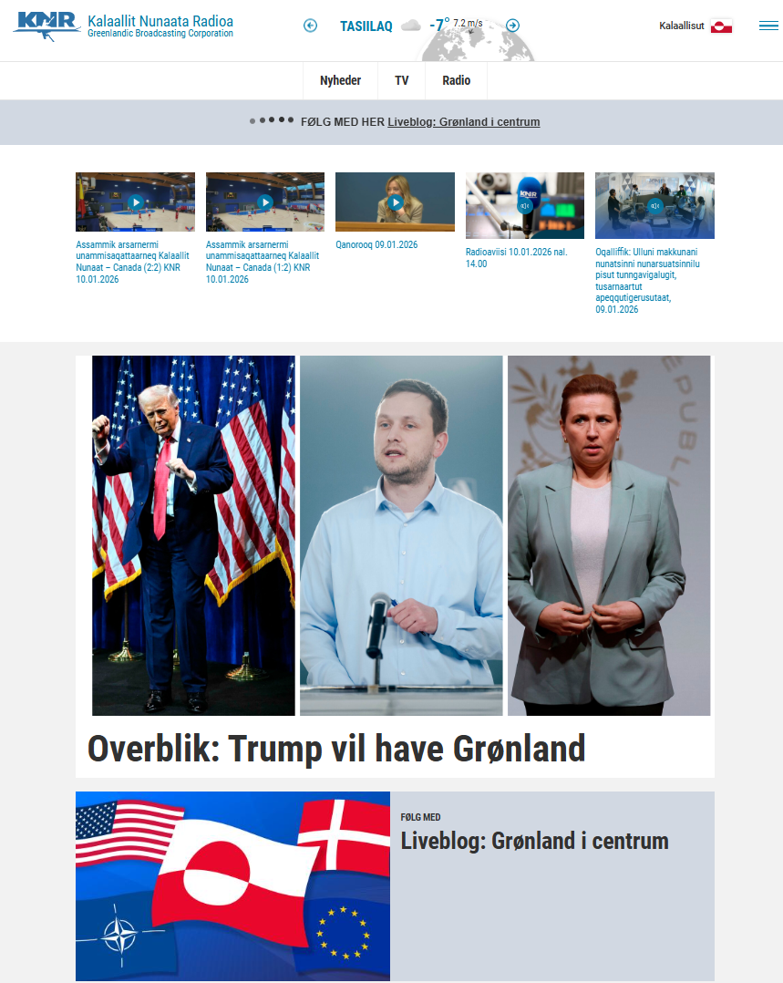 "Trump Grönlandot akarja" - a sziget egyik helyi sajtóorgánuma, a KNR sem megy el szó nélkül Trump megnyilvánulásai mellett. 