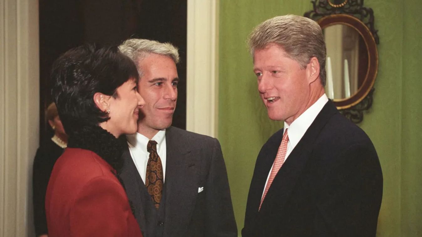 Ghislaine Maxwell (balra) és Jeffrey Epstein (középen) találkoznak Bill Clinton demokrata elnökkel a Fehér Házban 1993-ban. Fotó Bill Clinton Elnöki Könyvtár