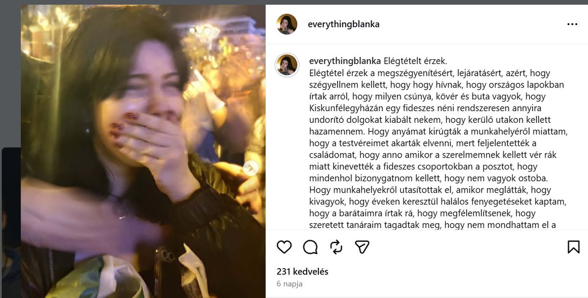 Nagy Blanka (trágárka), aki itt még azon sír, hogy nyert a Tisza párt, de hamarosan társaival együtt szoronganak majd tovább Magyar Péter miatt. 