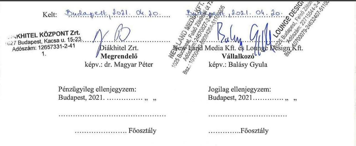 Magyar Péter és Balásy Gyula aláírása. Magyar Péter még a Diákhitel Központ élén milliárdos nagyságrendben kötött szerződéseket Balásy Gyula cégeivel. Fotó: Facebook.
